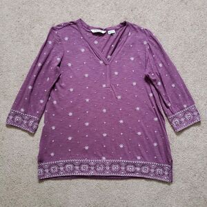 Orvis Women's Tunic Boho Shirt Embroidered 3/4 Sleeves V-Neck Purple Size XS